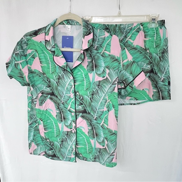 NWT! Floerns Women's Notch Collar Green/Pink Palm Print 2-Piece PJ Set, Size Sm - Picture 6 of 8